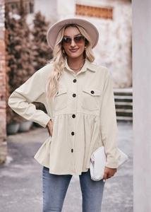 Detail of beige corduroy babydoll shirt with ruffles and front buttons for women