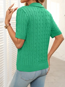 Detailed back view of green cable knit polo shirt with short sleeves and collar