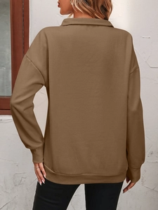Back view of a coffee brown oversized quarter-zip sweatshirt with ribbed hem and drop shoulder