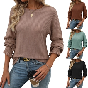 Women's Rib-Knit Long Sleeve T-Shirt Crew Neck Ruffle Cuffs Loose Casual Solid Color Cotton Blend Top For Daily Office Wear