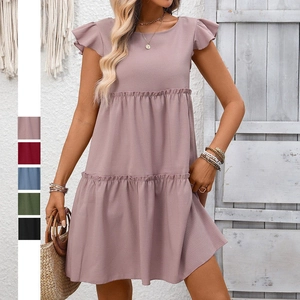 Robe Courte D'été Pour Femmes Avec Manches À Volants Et Jupe À Étages Style Bohème Couleur Unie Col Rond Décontractée Robe De Vacances