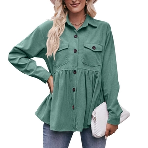 Women's sage green corduroy babydoll shirt with long sleeves and button-down front