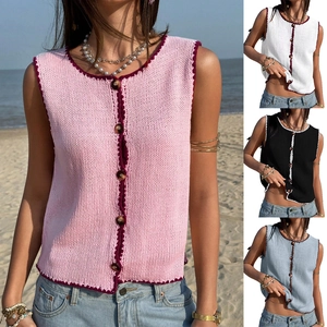 Gilet en Tricot Femmes avec Boutons Bord Festonné Couleur Contrastée Sans Manches Col Rond Crochet Crop Top Plage