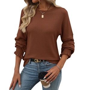 Women's long sleeve ribbed knit top in dark brown with elegant ruffled cuffs design