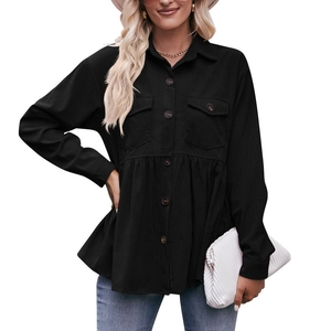 Women's black corduroy babydoll shirt with long sleeves and ruffled hem design