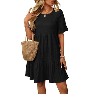 Black tiered ruffle sleeve mini dress in textured fabric for women summer casual wear