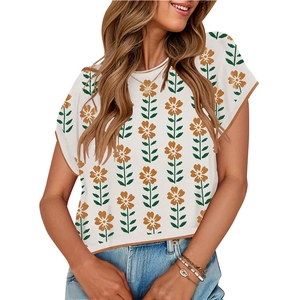 Women's knit floral crop top with cap sleeves and brown contrast trim for summer casual style