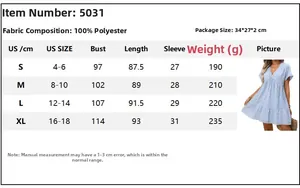 Size guide for light blue plaid V-neck dress with polyester fabric and measurement details
