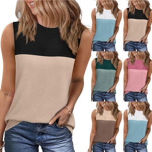 Débardeur en Maille Nervurée Décontracté pour Femmes Sans Manches Col Rond Bloc de Couleur Patchwork Été Hauts Gilet