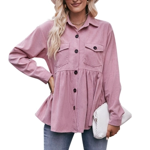 Pink corduroy babydoll blouse for women with long sleeves and button-down pockets