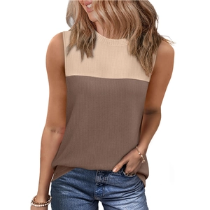 Haut d'été sans manches en maille bicolore beige et marron foncé pour femme en maille côtelée