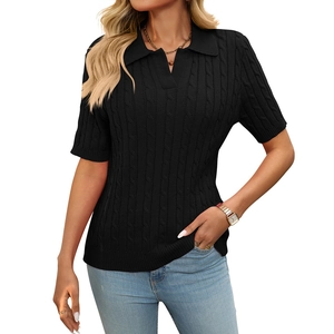 Women's short sleeve black cable knit polo sweater with V-neck lapel for a casual summer look