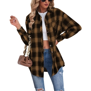 Women's oversized plaid flannel shirt jacket with button-down front and chest pocket