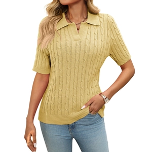 Bright yellow short sleeve cable knit Polo sweater for women with a classic V-neck collar