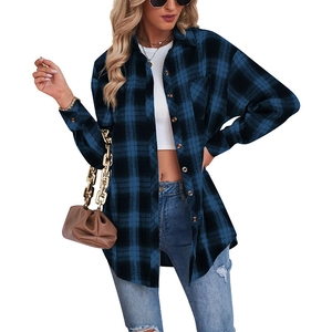 Women's oversized blue and black plaid flannel shirt with a relaxed boyfriend fit