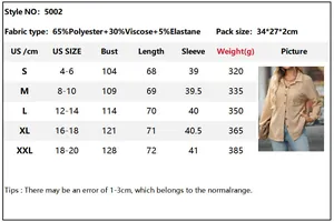 Detailed size chart for waffle knit shirt showing measurements, fabric, and weight info