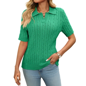 Women emerald green cable knit short sleeve polo shirt with v-neck and lapel collar