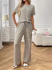 Gray ribbed knit loungewear set with short sleeve top and drawstring wide-leg pants