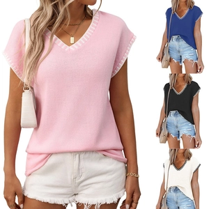 Women's Casual V Neck Knit Sweater Vest Striped Trim Sleeveless Pullover Top Knitwear For Summer Daily Streetwear Fashion