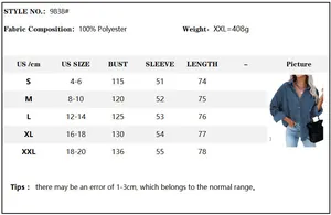 Size chart showing US sizes and measurements for the oversize corduroy shirt jacket