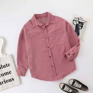 Pink oversized corduroy button-down shirt for women with chest pocket and curved hemline