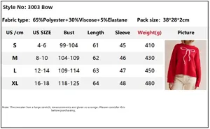Size chart for vintage bow jacquard sweater showing US sizes and product measurements