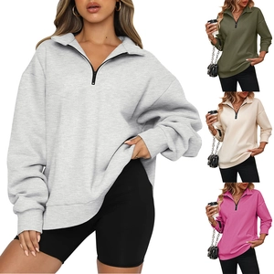 Women Casual Half Zip Sweatshirt Long Sleeve Drop Shoulder Pullover Ribbed Trim Solid Color Fashion Fleece Hoodie Top