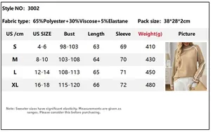 Guide des tailles pour pull en maille à col montant avec détails du tissu et coupe