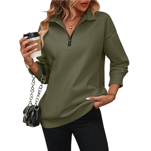 Army green quarter-zip pullover sweatshirt with drop shoulder and ribbed cuffs