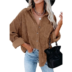 Oversize brown corduroy shirt for women with dropped shoulders and a front pocket