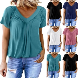 Damen Casual V-Ausschnitt Kurzarm T-Shirt Locker Plissiert Polyester Viskose Mischung Sommer Top Für Alltag Streetwear