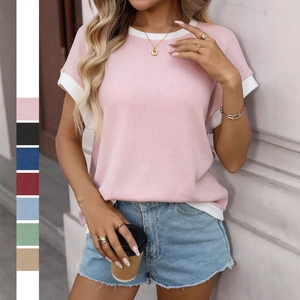 Damen Casual Kontrastfarbe Strick T-Shirt Rundhalsausschnitt Kurzarm Locker Top Sommer Weich Gerippter Besatz Patchwork T-Shirt Für Damen