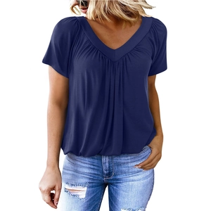 Damen Kurzarm T-Shirt mit V-Ausschnitt und Falten in Marineblau, locker sitzende Baumwolle