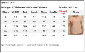 Detailed size chart for short sleeve top showing measurements for S to XXL sizes