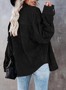 Detail view of the black corduroy shacket featuring oversized fit and drop shoulders