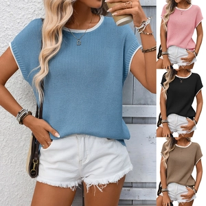 Top in Maglia a Manica Corta con Girocollo a Contrasto da Donna Maglione a Maglia Larga T-Shirt alla Moda Streetwear