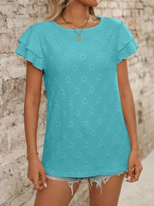 Detailed view of turquoise short sleeve top featuring ruffle cuffs and diamond knit texture