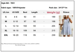 Size chart for blue plaid sleeveless tiered dress including US sizing and measurements