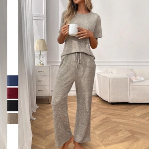 Women Casual Ribbed Knit Pajama Set Round Neck Short Sleeve Top And Wide Leg Drawstring Pants Loungewear Two Piece Sleepwear Set