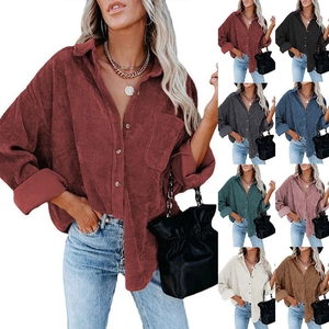 Women's Casual Oversized Corduroy Shirt Long Sleeve Button Down Blouse Top with Pocket for Autumn and Winter Fashion