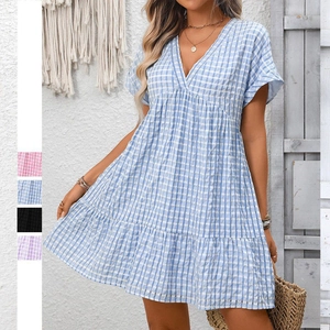 Women's Casual Gingham V Neck Short Flutter Sleeve Tiered Ruffle Mini Dress Loose Fit Summer Bohemian Plaid Sundress