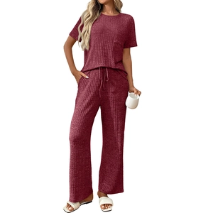 Women's 2-piece lounge set with rib-knit short sleeve top and drawstring wide leg pants
