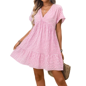 Women's summer pink plaid short sleeve V-neck tiered mini dress for casual wear