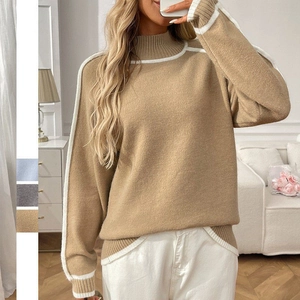 Pull en Maille Femme Col Montant Bloc de Couleur Décontracté Ample Doux Chaud Manches Longues Automne Hiver Haut à Rayures à la Mode