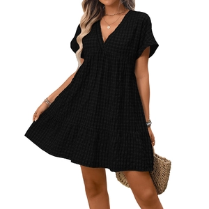 Summer black checkered V-neck short sleeve loose high waist flowy plaid dress