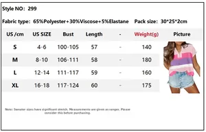 Detailed size chart for striped short sleeve sweater with fabric and fit specifications