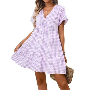 Women's summer V-neck plaid tiered dress with short puff sleeves in purple and white