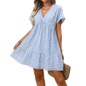 Women's blue gingham short sleeve V-neck tiered maxi dress in a loose fit summer style