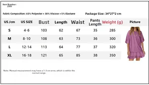 Detailed size chart for women's casual short sleeve two-piece set with fabric info