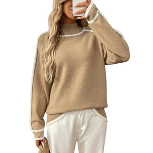Pull d'automne pour femme en kaki avec rayures blanches et coupe décontractée large